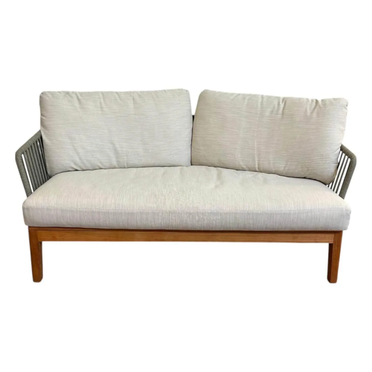 Outdoor Sofa Mood Sitzkissen Stoff Natural Beige Gestell Teakholz Rückenlehne Geflecht Moss Grün Grau