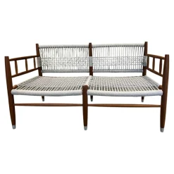 Outdoor Sofabank Lee Geflecht Kordel Eisblau Matt Blau Grau Gestell Holz Iroko Massiv Natur