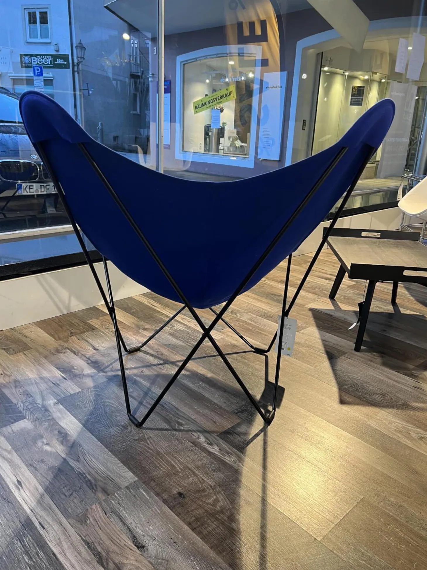 Outdoor Stuhl Sunshine Mariposa Sunbrella Stoff Atlantikblau Blau Gestell Stahl Schwarz