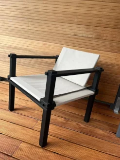 Outdoorsessel Farmer Bezug Stoff Weiß Grau Massivholzgestell Schwarz Geölt