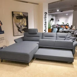 Polstergarnitur MR 375 Stoff Picasso Jeans Grau Füße Metall 245 Schwarz Matt Mit Stauraumfunktion Und Kissen