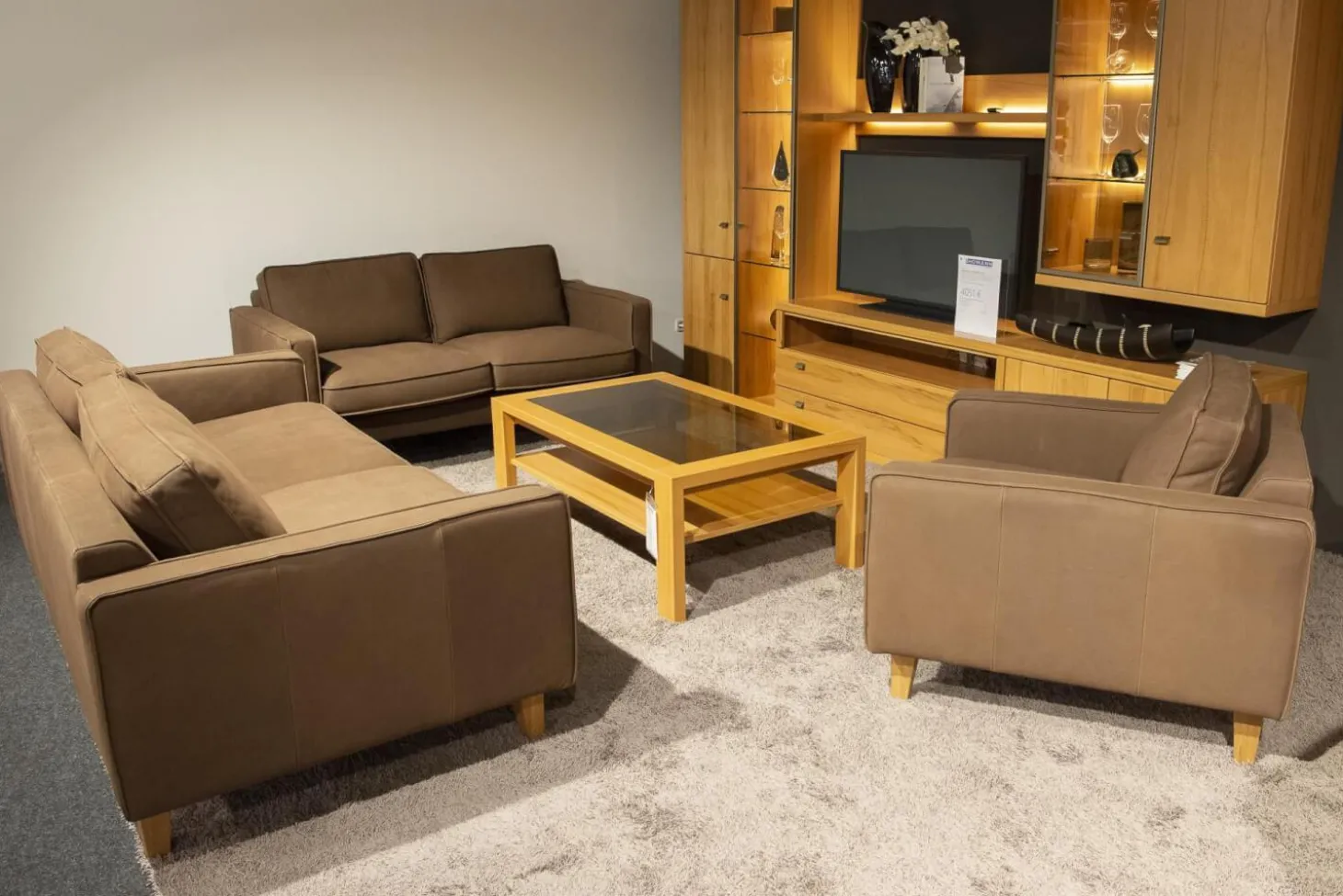 Polstergruppe Elian 3er-Set Leder W11 Farbe Chocolate Füße Eiche Geölt