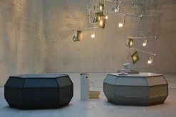 Pouf Asmus Hellgrau Bovine Leder mit offener Naht