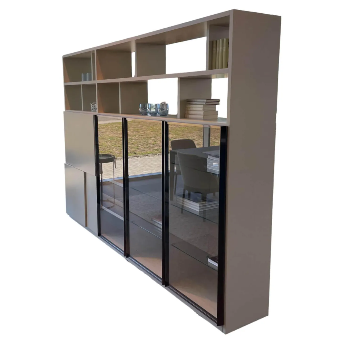 Raumteiler 505 in Lack Kieselgrau mit Glastüren Schwarz Chrom