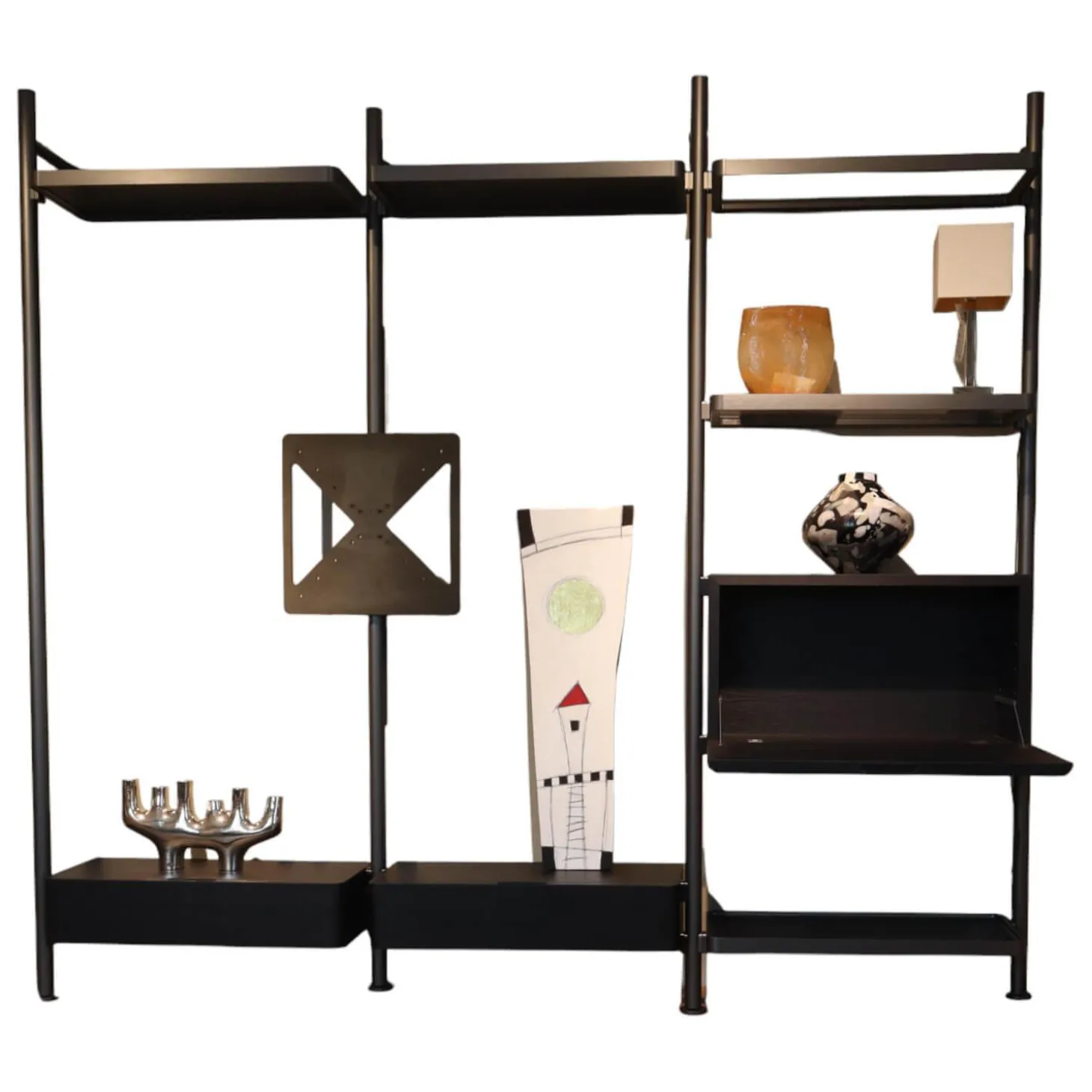 Regalsystem Hector Fachböden Eiche Schwarz Ständer Zinnfarbig Mit Schreibtischklappe Und Schüben Schwarz