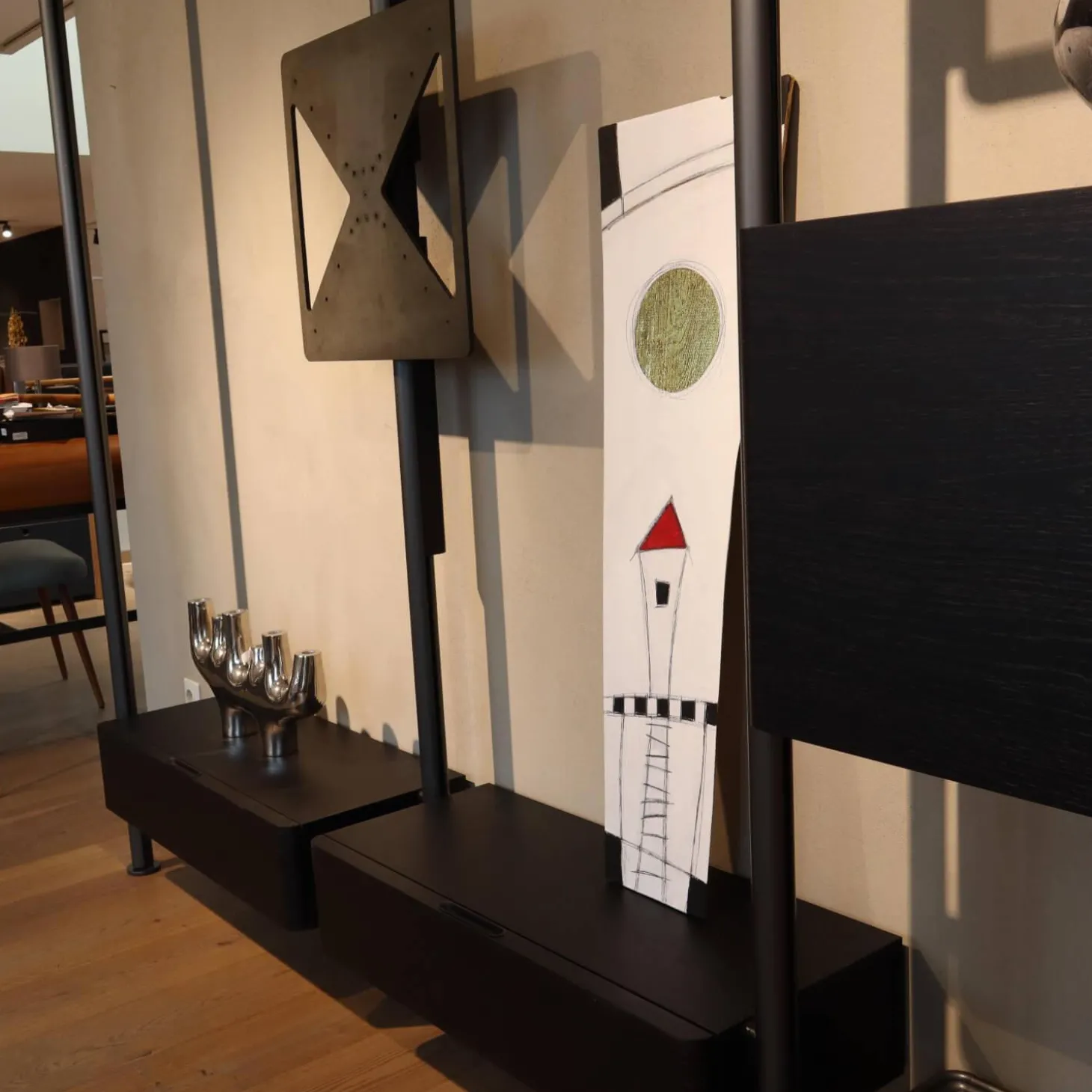 Regalsystem Hector Fachböden Eiche Schwarz Ständer Zinnfarbig Mit Schreibtischklappe Und Schüben Schwarz