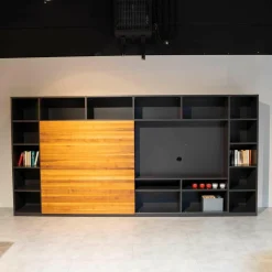 Regalwand Amineo Lack Schiefer L74 Nussbaum Geölt Mit Schiebetür Und Schubladen