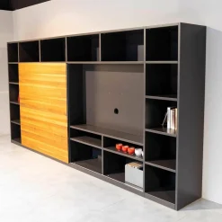 Regalwand Amineo Lack Schiefer L74 Nussbaum Geölt Mit Schiebetür Und Schubladen