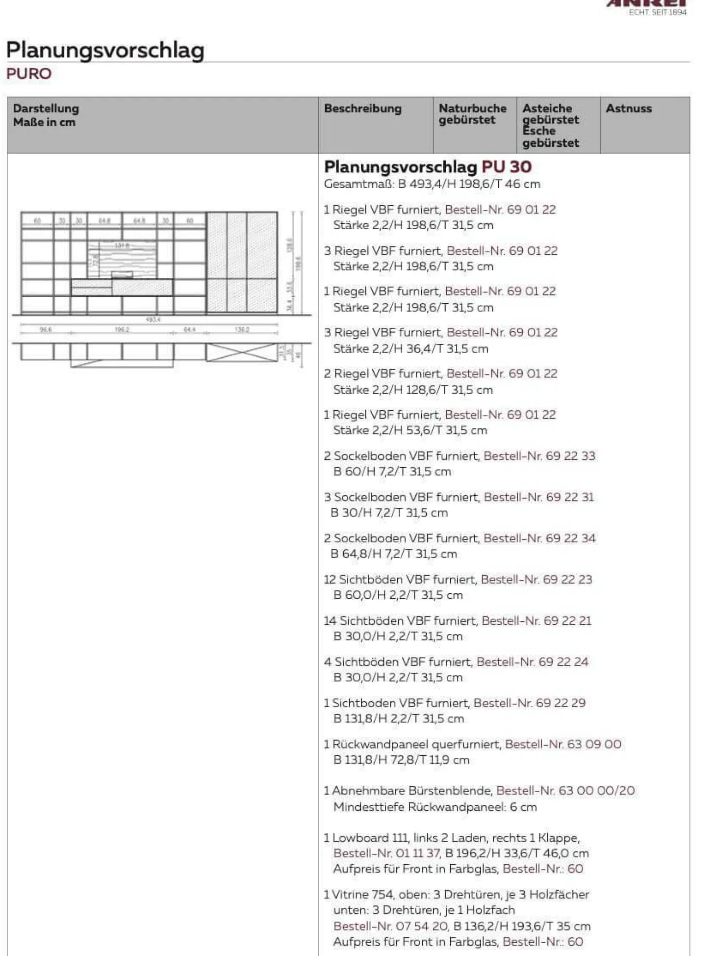 Regalwand PU 30 Puro Style Astnuss Massiv Natur Geölt