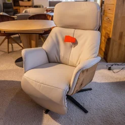 Relaxsessel 7363 Bezug Leder 24 Longru Nebel Beige Grau Holz Wildeiche Sternfuß Anthrazit Mit Elektrischer Kopfteilverstellung