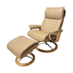 Relaxsessel Aura L Leder Cori Mole Beige Gestell Signature Metall Chrom Holz Eiche Mit BalanceAdapt Inklusive Hocker