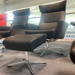 Relaxsessel Caro Leder Dunkelblau Gestell Aluminium Drehbar mit Hocker