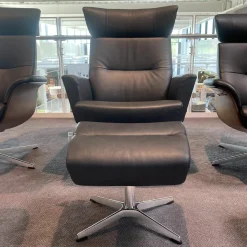 Relaxsessel Caro Leder Dunkelblau Gestell Aluminium Drehbar mit Hocker