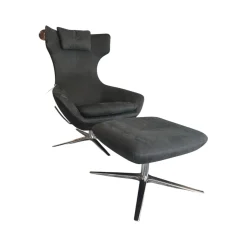 Relaxsessel Caruzzo Leder Danza 100 Phantom Anthrazit Fuß Pure 4 Strahlig Aluminium Poliert Mit Hocker