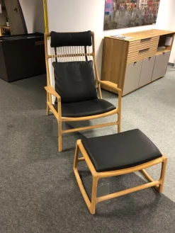 Relaxsessel Dedo Eiche Massiv Weiß Geölt Leder Dakar Schwarz mit Fußbank