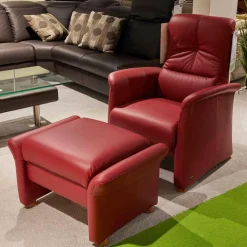 Relaxsessel mit Hocker 6001 Leder 24 Longlife Carrara Kirsche Gestell Buche Kopfteil Verstellbar