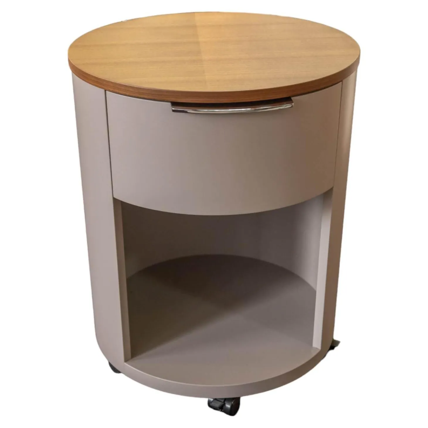 Rundkommode Conga Platte Nussbaum Furniert Korpus Basisfarbe Beige Grau Flachgriff 90 Chrom Glänzend Mit 5 Möbelrollen