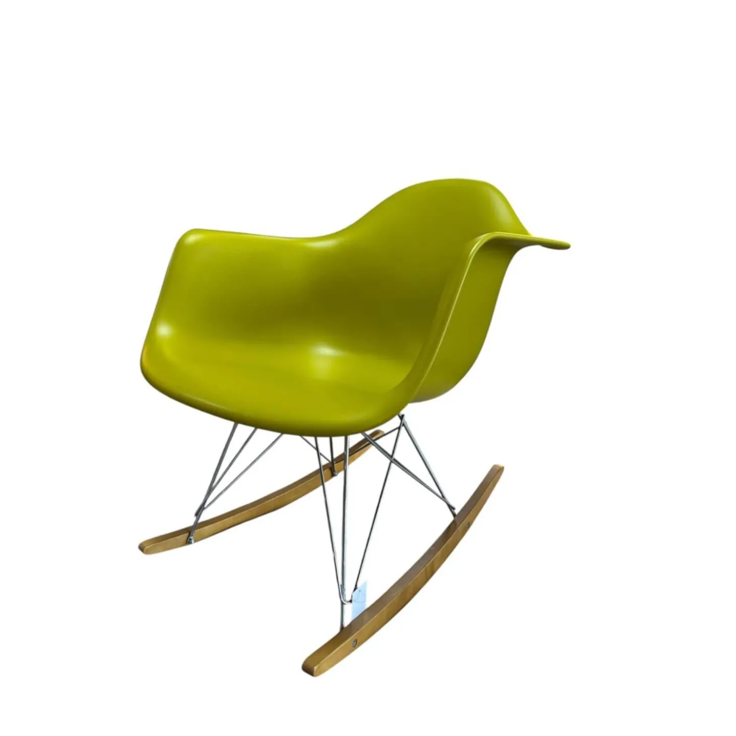 Schaukelstuhl Eames Plastic Armchair RAR Schale Polypropylen Senf Gelb Gestell Verchrom Kufe Ahorn Gelblich