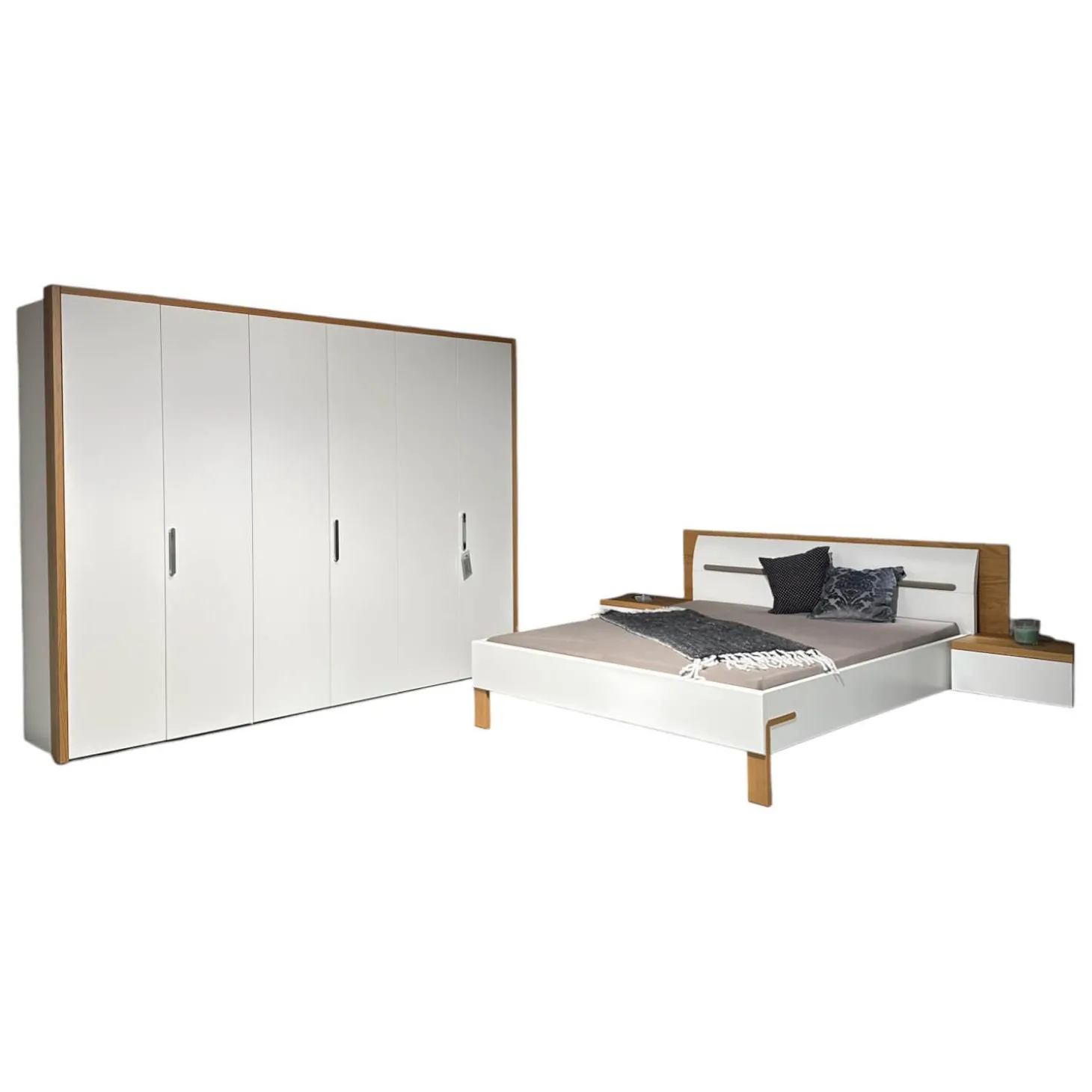 Schlafzimmer Dream Lack Reinweiss Akzent Natureiche Kunstleder Struktur Taupe Grau Griffe Chrom Glänzend