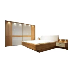 Schlafzimmer Modena Plus Eiche Bianco Glas Leder Champagner Inklusive LED Flexleuchten Bett Ohne Matratze Ohne Lattenrost