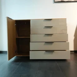 Schlafzimmer Modena Plus Eiche Bianco Glas Leder Champagner Inklusive LED Flexleuchten Bett Ohne Matratze Ohne Lattenrost