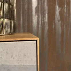 Schrank Kera Front Keramik Beton Silk Grau Korpus Knorrige Eiche Natur Geölt Gestell Metall Schwarz Lackiert