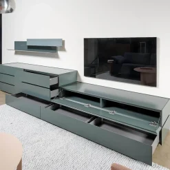 Schrank Sideboard Cube Bold Lack Bahia Mit Iilu Regalen Lack Bahia Und Lack Laguna Blau