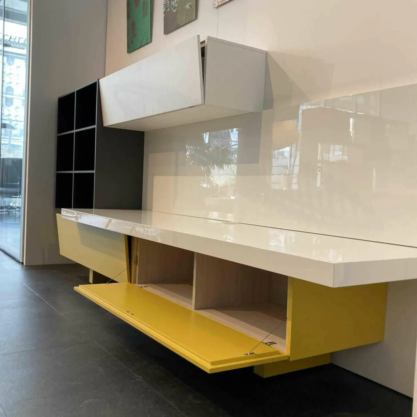 Schrankwand T030 Holz Gelb Grau Weiß Lackiert