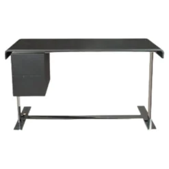 Schreibtisch Eileen Kernleder Schwarz Ladenelement Eiche Schwarz Gebeizt Gestell Glänzend Verchromt