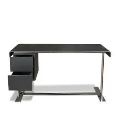 Schreibtisch Eileen Kernleder Schwarz Ladenelement Eiche Schwarz Gebeizt Gestell Glänzend Verchromt