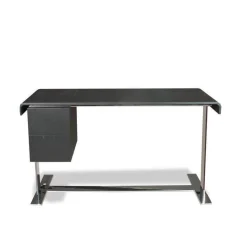 Schreibtisch Eileen Kernleder Schwarz Ladenelement Eiche Schwarz Gebeizt Gestell Glänzend Verchromt