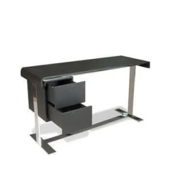 Schreibtisch Eileen Kernleder Schwarz Ladenelement Eiche Schwarz Gebeizt Gestell Glänzend Verchromt