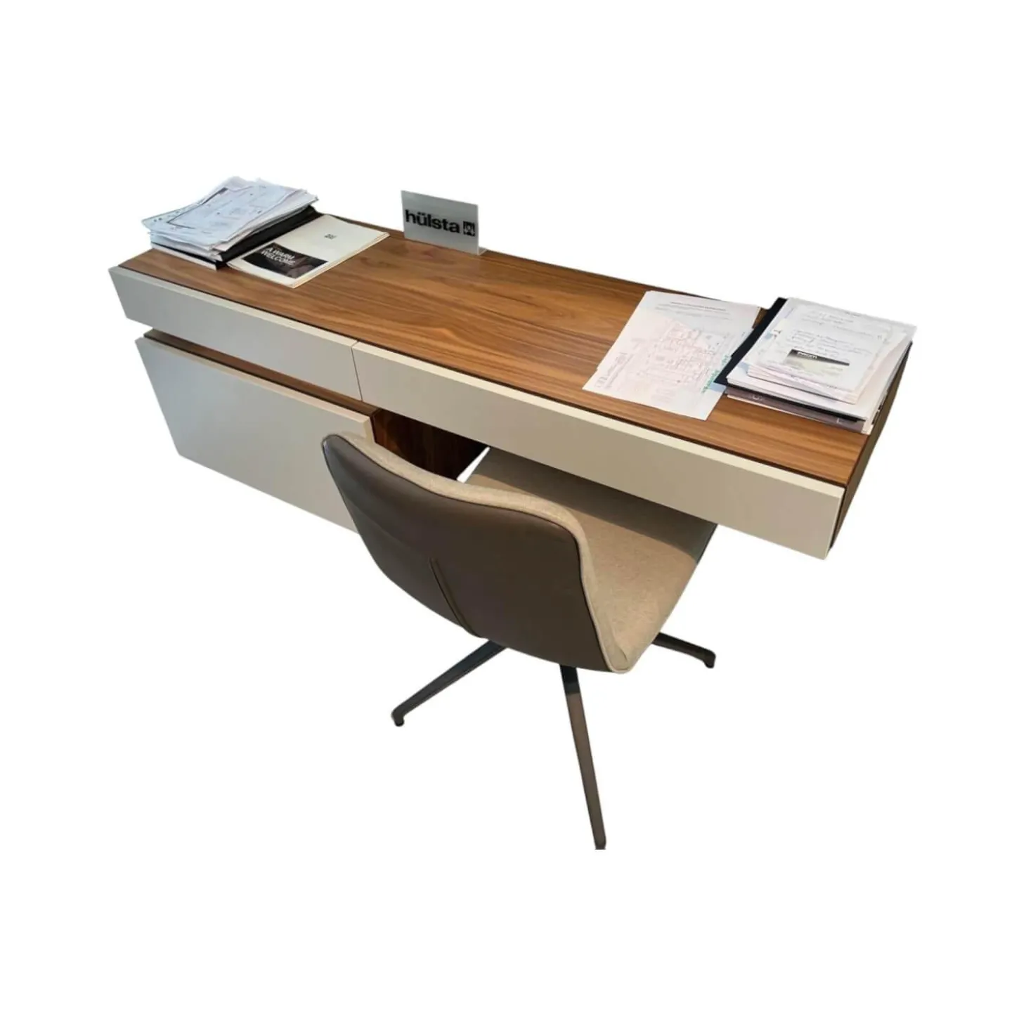 Schreibtisch Tetrim Front Lack Seidengrau Grau Korpus Echt Natur Furnier Kernnussbaum Inklusive Spiegel