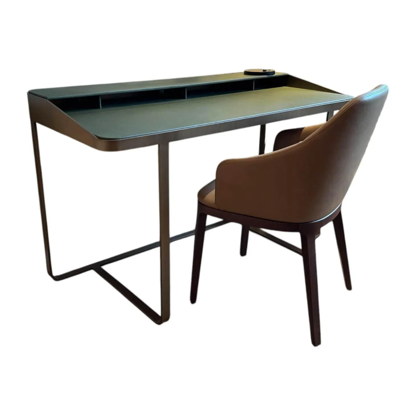 Schreibtisch Twain Leder Birke 816 Dunkelgrün Gestell Stahl Messing F33 Ohne Stuhl