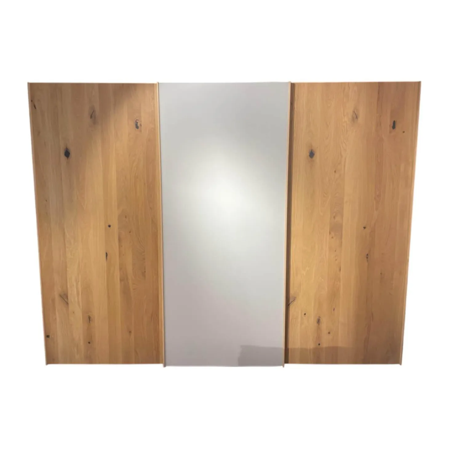 Schwebetürenschrank Soft Eiche Wild Weißöl Farbglas Matt Hellgrau Inklusive Innenleben Und Beleuchtung