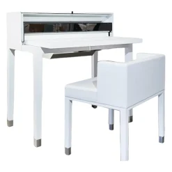 Sekretär Miss Moneypenny Edelstahl Poliert Bezug Leder Weiß Mit Hocker Und Beleuchtung