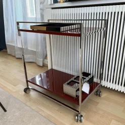 Servierwagen Flat Oberfläche Lack Oxidrot Rot Hochglanz Rahmen Edelstahl Poliert Inklusive Tablett Und Flaschenhalter