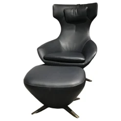 Sessel Caruzzo Leder Raffino Dragonfly Schwarz mit Hocker und Kopfkissen