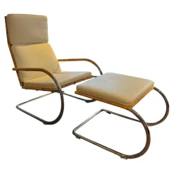 Sessel D35-II Leder II Bianco Weiß Creme Naturrohr Geflecht Braun Gestell Stahl Chrom Mit Hocker