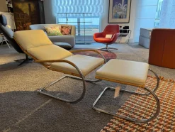 Sessel D35-II Leder II Bianco Weiß Creme Naturrohr Geflecht Braun Gestell Stahl Chrom Mit Hocker