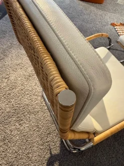 Sessel D35-II Leder II Bianco Weiß Creme Naturrohr Geflecht Braun Gestell Stahl Chrom Mit Hocker