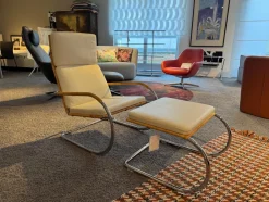 Sessel D35-II Leder II Bianco Weiß Creme Naturrohr Geflecht Braun Gestell Stahl Chrom Mit Hocker