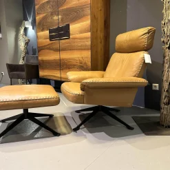 Sessel DS 0031 Leder Touch 25 Cuoio Braun Drehgestell 4 Sternfuß Schwarz Matt Beschichtet Mit Hocker DS-31