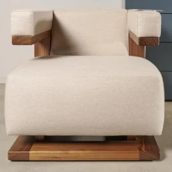 Sessel F51 Stoff Doma Beige Grau Gestell Nussbaum Massiv