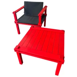 Sessel Farmer Stoff 5094 Schwarz Gestell Esche Geölt Pulver Rot P150 Mit Kunststoffgleitern Inklusive Tisch