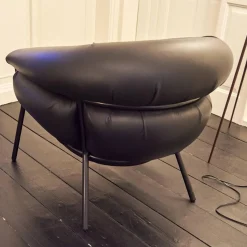 Sessel Grasso Bezug Leder Sauvage S Black Schwarz Gestell Metall Schwarz Inklusive Fußhocker