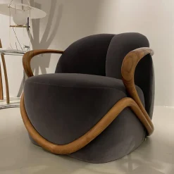 Sessel Hug Stoff Adamo&Eva 107 Antracite Gestell Nussbaumholz Dunkel Gebeizt