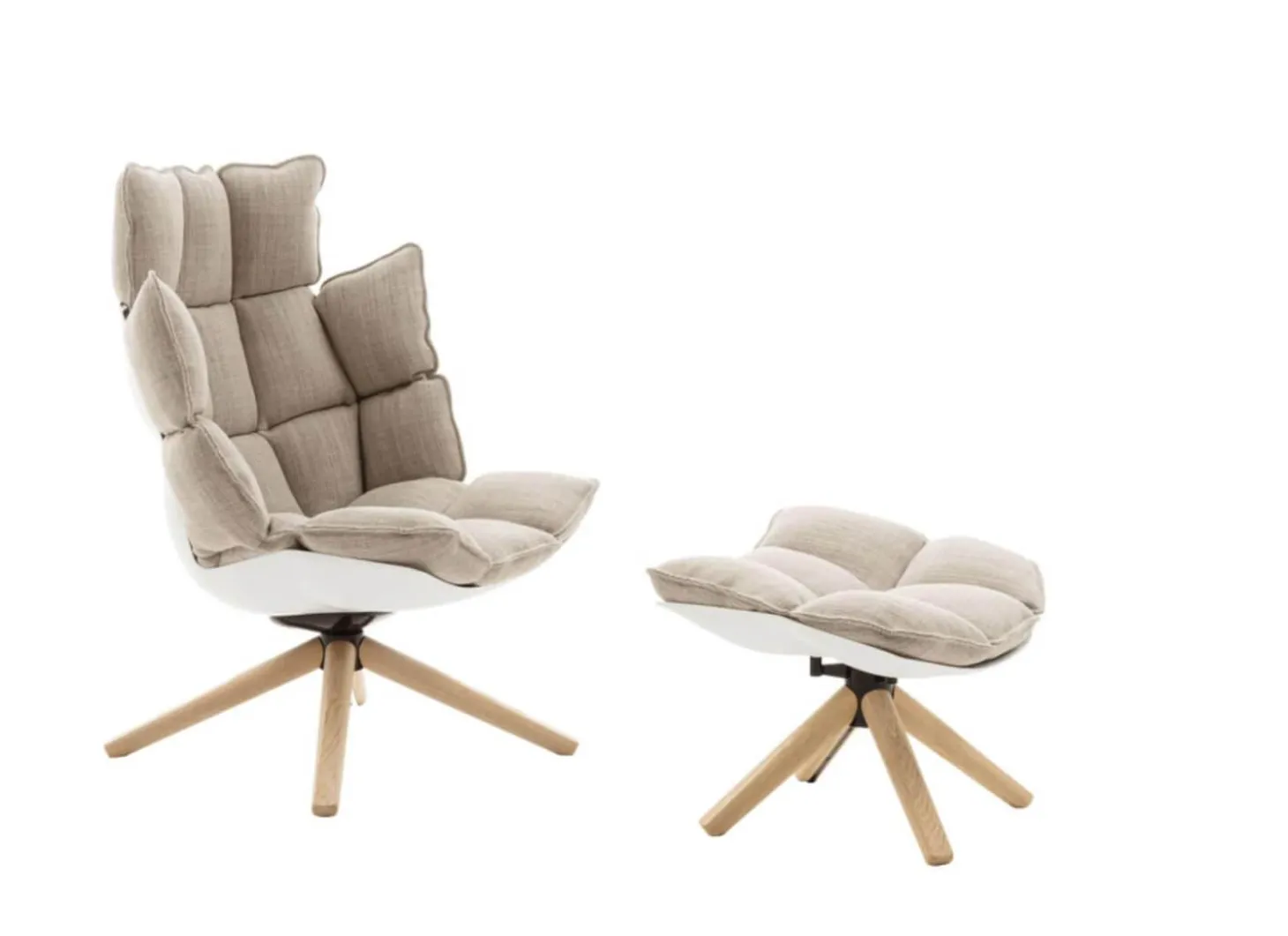 Sessel Husk Stoff Rattier Astro Seil Beige Schale Kunststoff Weiß Gestell Eiche Hell Gebürstet Mit Hocker