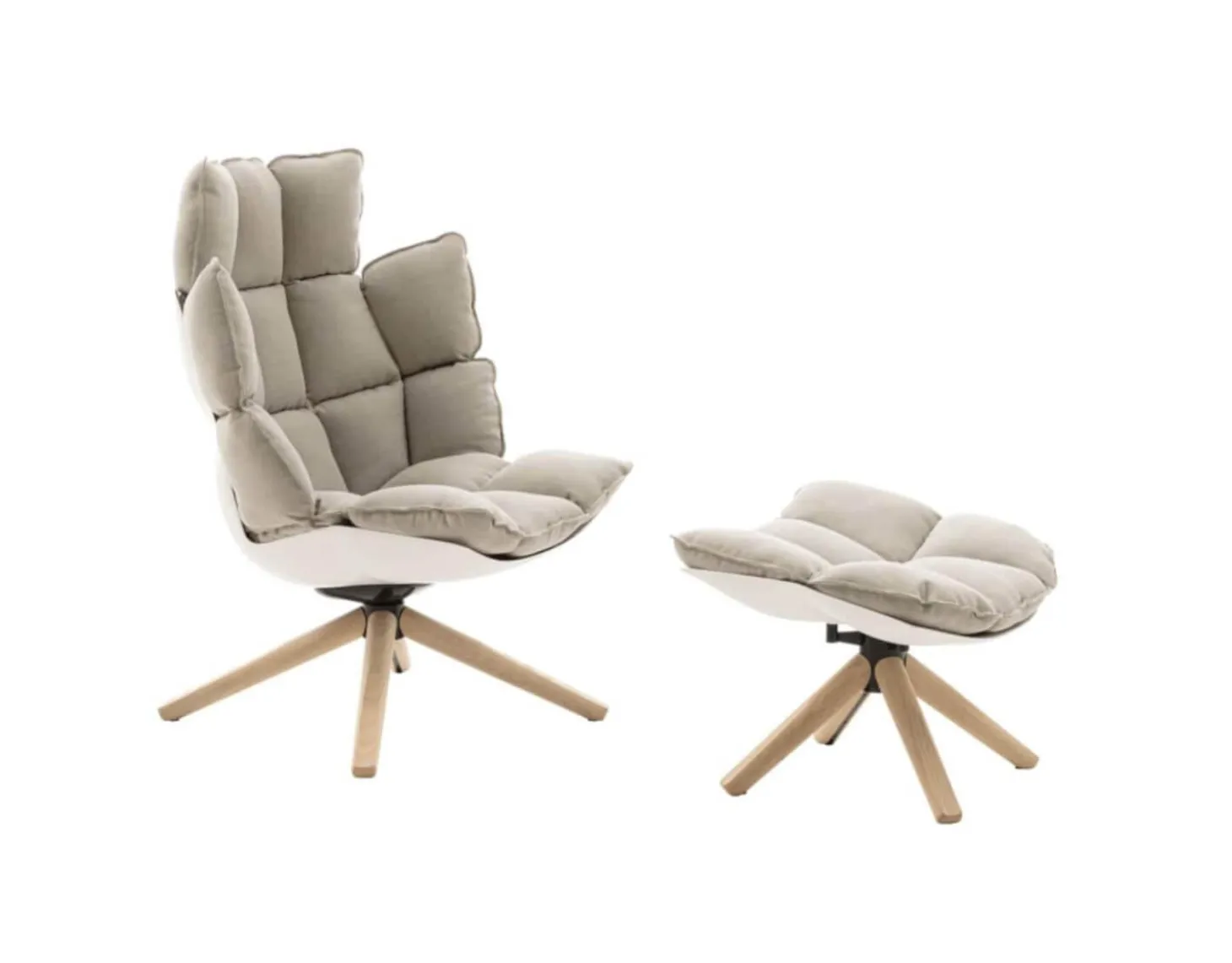 Sessel Husk Stoff Segeltuch Asolo Bastfarben Beige Schale Kunststoff Weiß Gestell Eiche Hell Gebürstet Mit Hocker