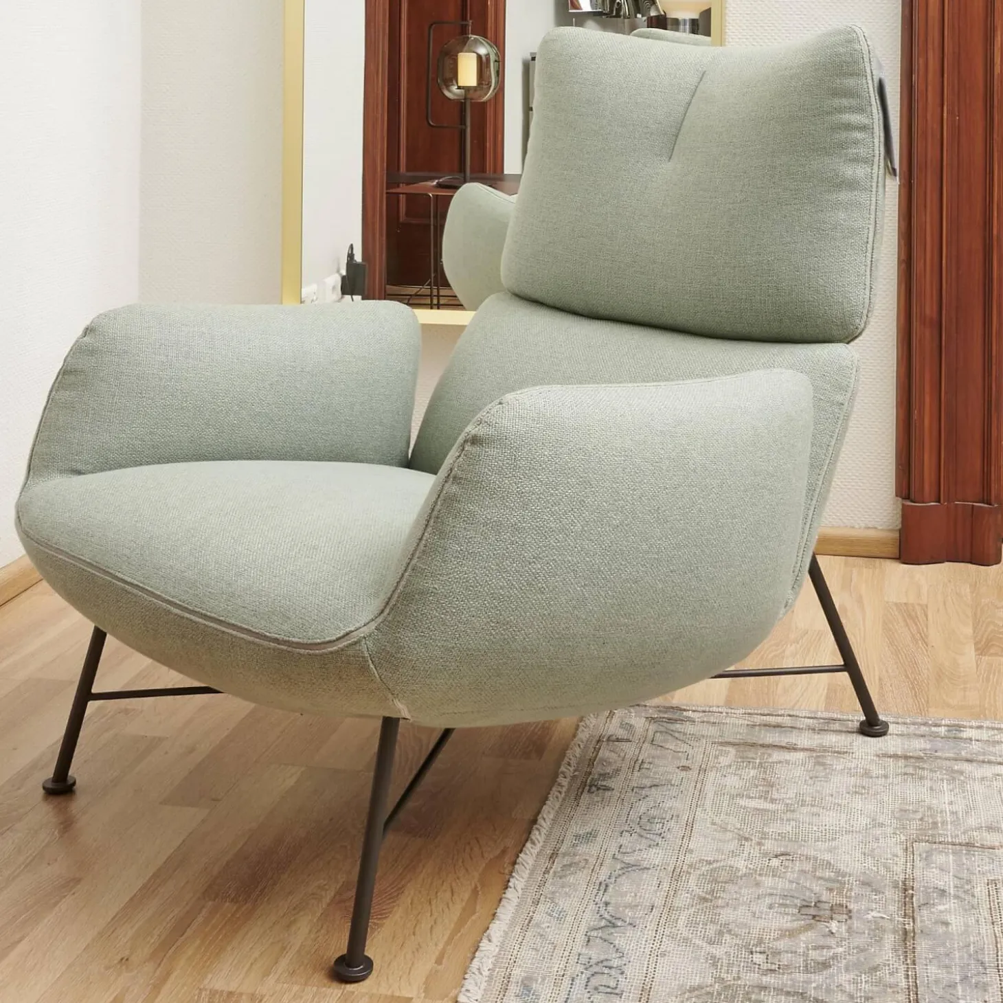 Sessel Jalis Lounge Stoff 8305 Mintgrün Grün Grau Drahtgestell F01 Schwarzbraun Inklusive Hocker